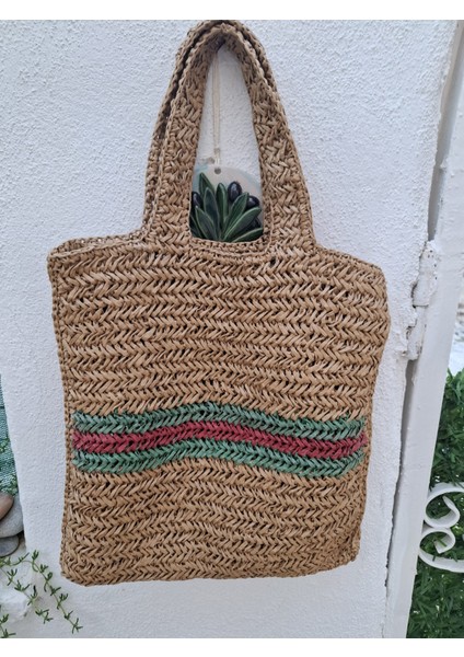 Handmade Doğal Renk Rafya Omuz Çantası 42X40 Cm-Rafya Jüt Dokulu Omuz Askılı Çizgili Hasır Çanta modelleri
