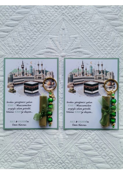 24 Adet Kişiye Özel Tasarım Hac Umre Mevlid Hatırası Dağıtmalık Hediyelik Yeşil Anahtarlık ve Kına fiyatları