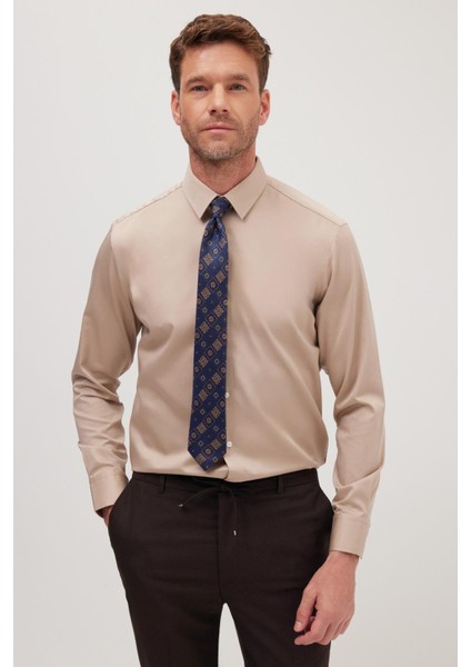 Slim Fit Bej Non-Iron %100 Pamuk Doğa Dostu Ekoteks Belgeli Ütü Gerektirmez Gömlek