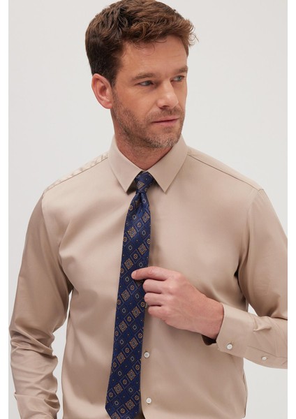Slim Fit Bej Non-Iron %100 Pamuk Doğa Dostu Ekoteks Belgeli Ütü Gerektirmez Gömlek fiyatları
