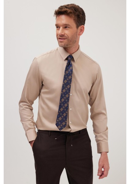 Slim Fit Bej Non-Iron %100 Pamuk Doğa Dostu Ekoteks Belgeli Ütü Gerektirmez Gömlek indirimleri