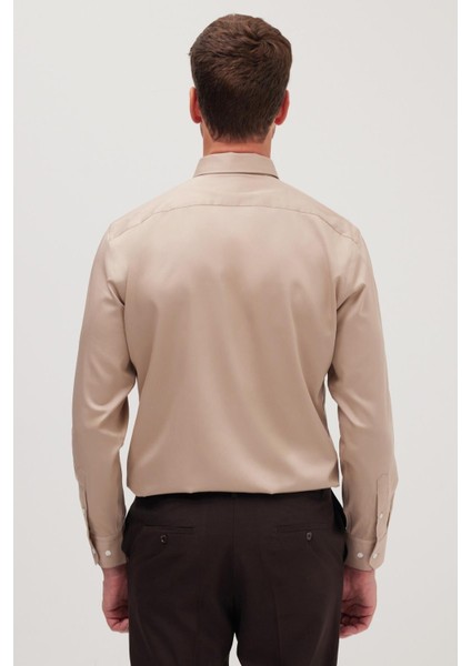 Slim Fit Bej Non-Iron %100 Pamuk Doğa Dostu Ekoteks Belgeli Ütü Gerektirmez Gömlek