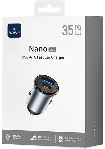 WI-CC030 Nano Lite Type-C + Usb-A Hızlı Şarj Akım Korumalı Araç Şarj Aleti Pd ve Qc3.0 35W Gri