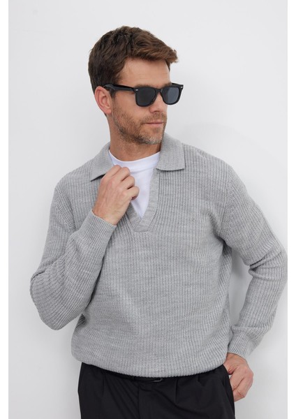 Erkek Slim Fit Dar Kesim Polo Yaka Gri Kazak
