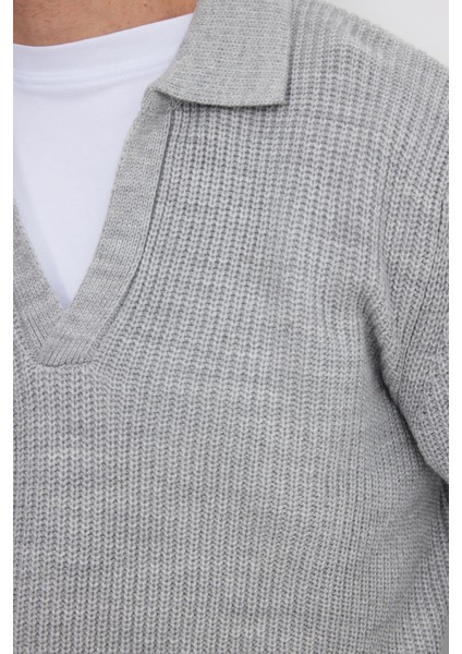 Erkek Slim Fit Dar Kesim Polo Yaka Gri Kazak modelleri