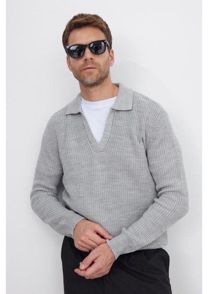 Erkek Slim Fit Dar Kesim Polo Yaka Gri Kazak indirimleri