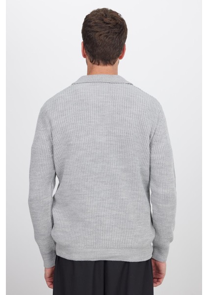 Erkek Slim Fit Dar Kesim Polo Yaka Gri Kazak