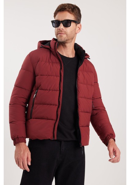 Erkek Relax Fit Rahat Kesim Çift Cepli Çıkarılabilir Kapüşonlu Bordo Şişme Mont