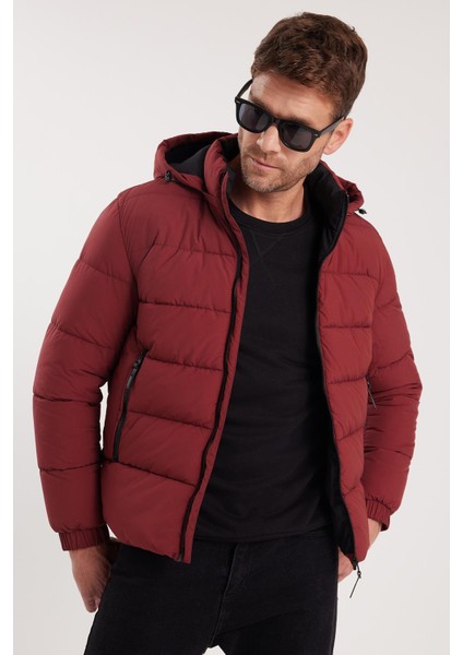 Erkek Relax Fit Rahat Kesim Çift Cepli Çıkarılabilir Kapüşonlu Bordo Şişme Mont indirimleri