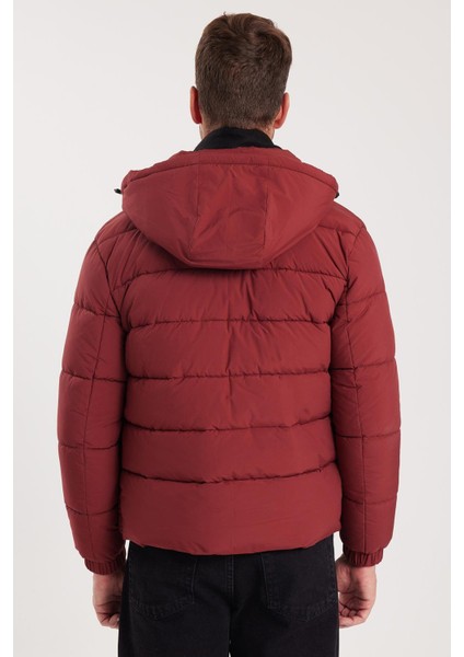 Erkek Relax Fit Rahat Kesim Çift Cepli Çıkarılabilir Kapüşonlu Bordo Şişme Mont