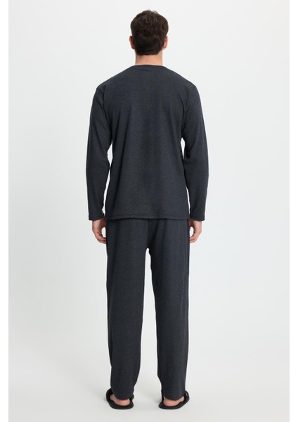 Erkek Regular Fit Pamuklu Düğmeli Yaka Beli Lastikli Desenli Siyah Pijama Takımı