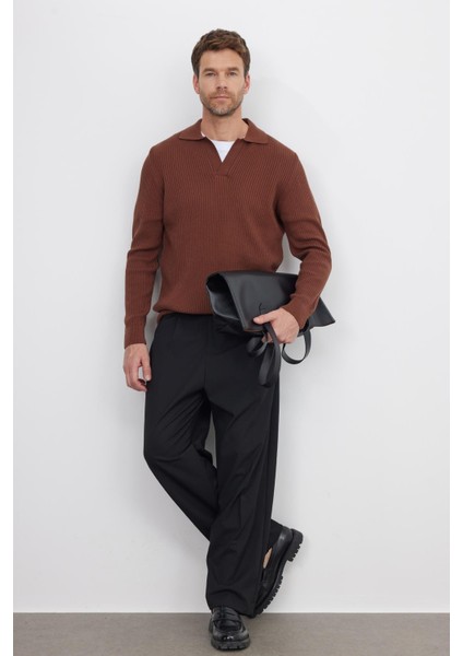 Erkek Standart Fit Normal Kesim Pamuklu Polo V Yaka Kahverengi Kazak fırsatları