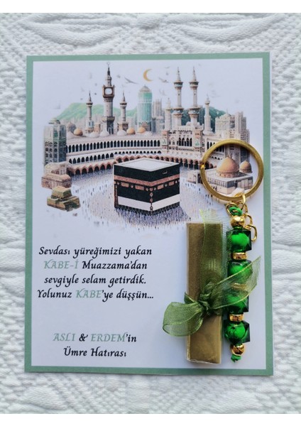 72 Adet Kişiye Özel Tasarım Hac Umre Mevlid Hatırası Dağıtmalık Hediyelik Yeşil Anahtarlık ve Kına
