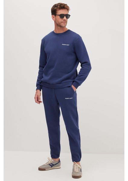 Erkek Relax Fit Pamuklu 3 Iplik Yumuşak Dokulu Içi Polarlı Bisiklet Yaka Lacivert Eşofman Takımı