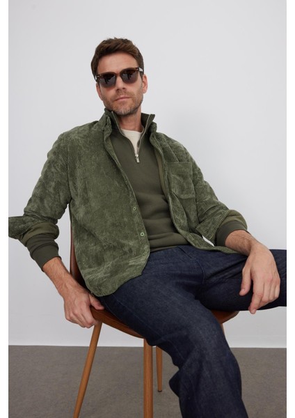 Erkek Regular Fit Rahat Kesim Fitilli Kadife Görünüm Düğmeli Yaka Haki Ceket Gömlek