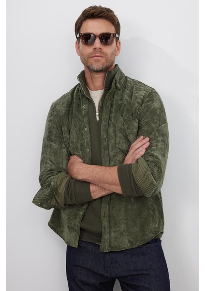 Erkek Regular Fit Rahat Kesim Fitilli Kadife Görünüm Düğmeli Yaka Haki Ceket Gömlek fiyatları