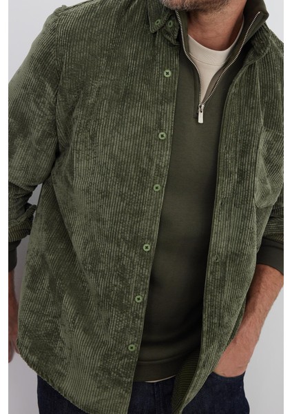 Erkek Regular Fit Rahat Kesim Fitilli Kadife Görünüm Düğmeli Yaka Haki Ceket Gömlek modelleri