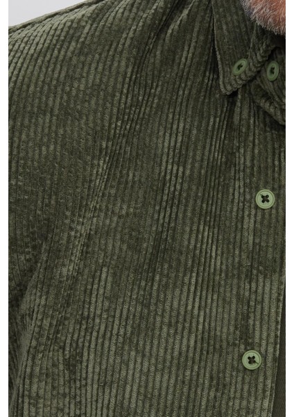 Erkek Regular Fit Rahat Kesim Fitilli Kadife Görünüm Düğmeli Yaka Haki Ceket Gömlek