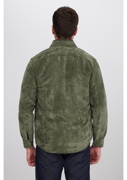 Erkek Regular Fit Rahat Kesim Fitilli Kadife Görünüm Düğmeli Yaka Haki Ceket Gömlek