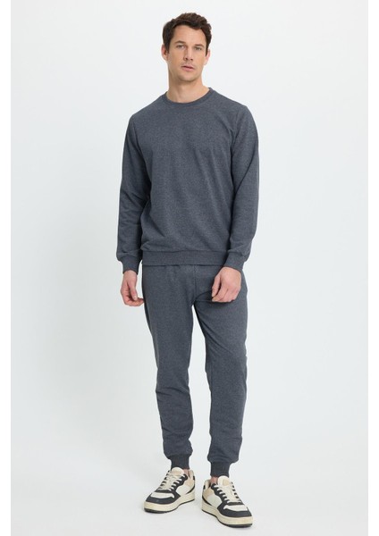 Erkek Relax Fit Pamuklu 2 Iplik Yumuşak Dokulu Bisiklet Yaka Füme Eşofman Takımı