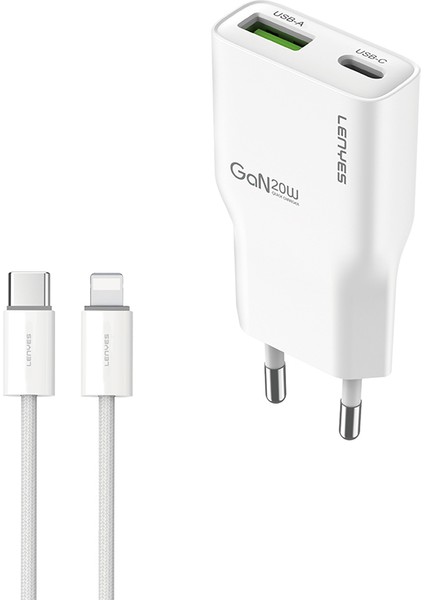LCH11 Type-C To Lightning Gan Teknolojili Pd Hızlı Şarj Özellikli Kablolu Şarj Seti 20W Beyaz