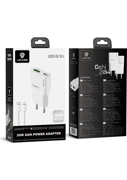 LCH11 Type-C To Lightning Gan Teknolojili Pd Hızlı Şarj Özellikli Kablolu Şarj Seti 20W Beyaz