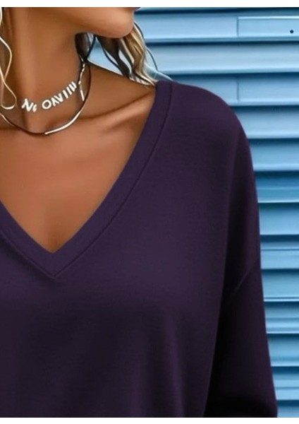 Kadın Uzun Kollu V Yakalı Viskon Iki Iplik Mürdüm Renk Bluz modelleri