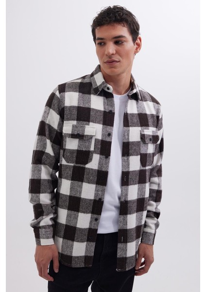 Erkek Slim Fit Dar Kesim Uzun Kollu Kapaklı Çift Cepli Kareli Kışlık Oduncu Gömlek