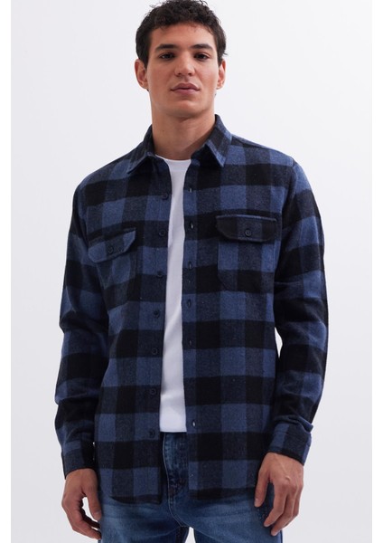 Erkek Slim Fit Dar Kesim Uzun Kollu Kapaklı Çift Cepli Kareli Kışlık Oduncu Gömlek