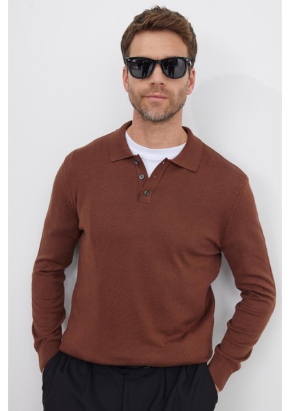 Erkek Standart Fit Normal Kesim Pamuklu Polo Yaka Kahverengi Kazak