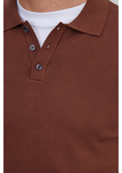 Erkek Standart Fit Normal Kesim Pamuklu Polo Yaka Kahverengi Kazak modelleri