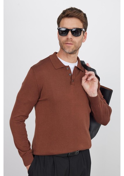 Erkek Standart Fit Normal Kesim Pamuklu Polo Yaka Kahverengi Kazak fırsatları