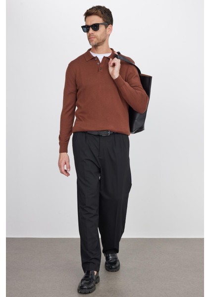 Erkek Standart Fit Normal Kesim Pamuklu Polo Yaka Kahverengi Kazak indirimleri
