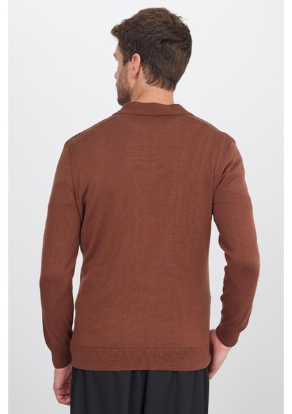 Erkek Standart Fit Normal Kesim Pamuklu Polo Yaka Kahverengi Kazak