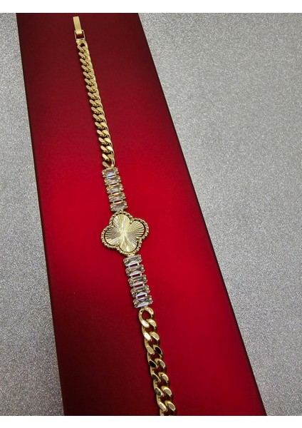 Yonca Model Zincirli Taşlı Gold Renk Çelik Bileklik