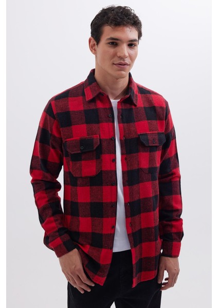 Erkek Slim Fit Dar Kesim Uzun Kollu Kapaklı Çift Cepli Kareli Kışlık Oduncu Gömlek