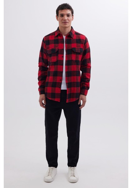 Erkek Slim Fit Dar Kesim Uzun Kollu Kapaklı Çift Cepli Kareli Kışlık Oduncu Gömlek fırsatları