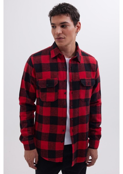 Erkek Slim Fit Dar Kesim Uzun Kollu Kapaklı Çift Cepli Kareli Kışlık Oduncu Gömlek indirimleri