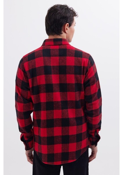 Erkek Slim Fit Dar Kesim Uzun Kollu Kapaklı Çift Cepli Kareli Kışlık Oduncu Gömlek