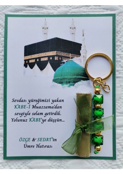 48 Adet Kişiye Özel Tasarım Hac Umre Mevlid Hatırası Dağıtmalık Hediyelik Yeşil Anahtarlık ve Kına