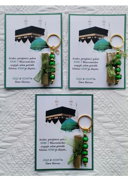 48 Adet Kişiye Özel Tasarım Hac Umre Mevlid Hatırası Dağıtmalık Hediyelik Yeşil Anahtarlık ve Kına modelleri