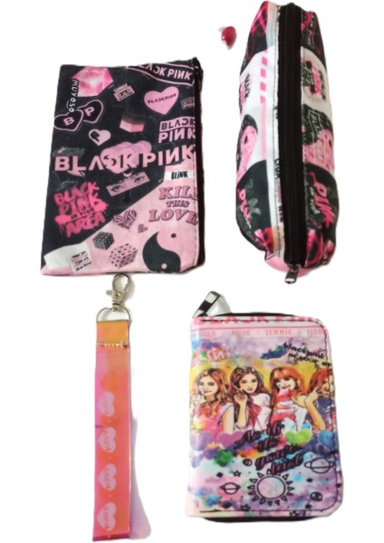 Yılbaşı Özel Hediye Seti Black Pink Baskılı Cüzdan, Bez Kalemlik, Anahtarlık, Kalemlik