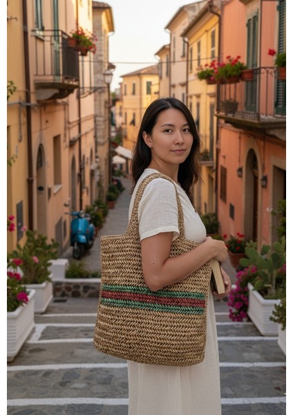 Handmade Doğal Renk Rafya Omuz Çantası 42X40 Cm-Rafya Jüt Dokulu Omuz Askılı Çizgili Hasır Çanta Tek Kat