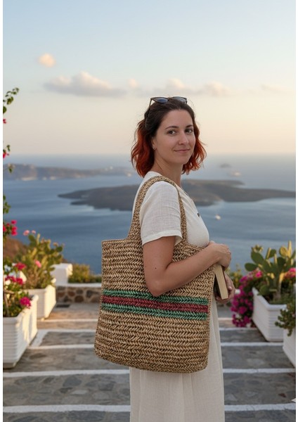 Handmade Doğal Renk Rafya Omuz Çantası 42X40 Cm-Rafya Jüt Dokulu Omuz Askılı Çizgili Hasır Çanta Tek Kat fiyatları