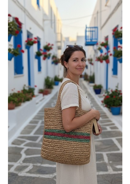 Handmade Doğal Renk Rafya Omuz Çantası 42X40 Cm-Rafya Jüt Dokulu Omuz Askılı Çizgili Hasır Çanta Tek Kat modelleri