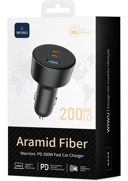 WI-CC026 Hızlı Şarj Özellikli Pd Type-C + Usb-A Portlu Aramid Fiber Araç Şarj Aleti 200W Siyah