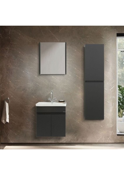 Arya 55 cm Siyah %100 Mdf Lavabolu Banyo Dolabı, Aynalı Üst Dolap ve Boy Dolabı