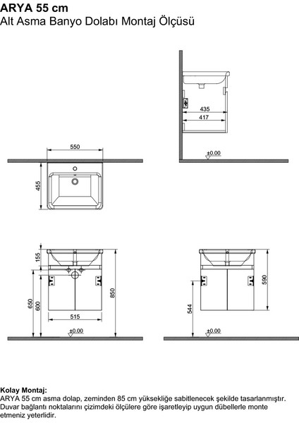 Arya 55 cm Siyah %100 Mdf Lavabolu Banyo Dolabı, Aynalı Üst Dolap ve Boy Dolabı modelleri