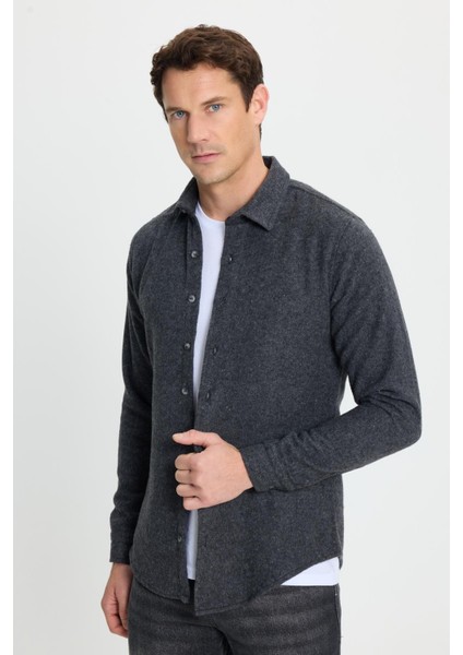 Erkek Slim Fit Dar Kesim Uzun Kollu Düz Kışlık Oduncu Koyu Gri Gömlek