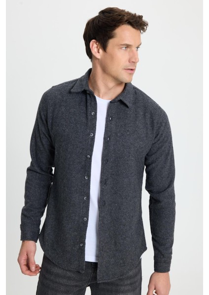 Erkek Slim Fit Dar Kesim Uzun Kollu Düz Kışlık Oduncu Koyu Gri Gömlek fiyatları